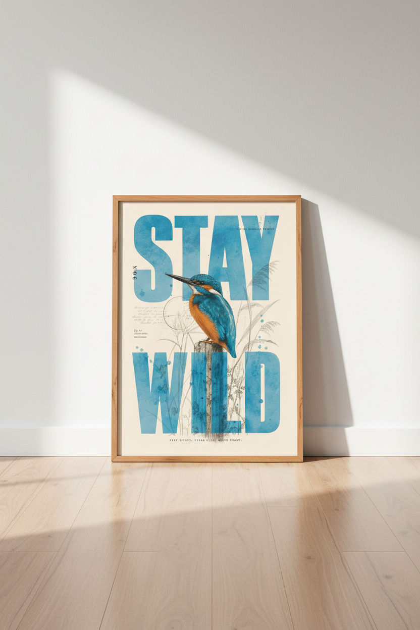 Kingfisher Stay Wild Wall Art | Vintage Bird Poster, Nature Inspired Home Decor