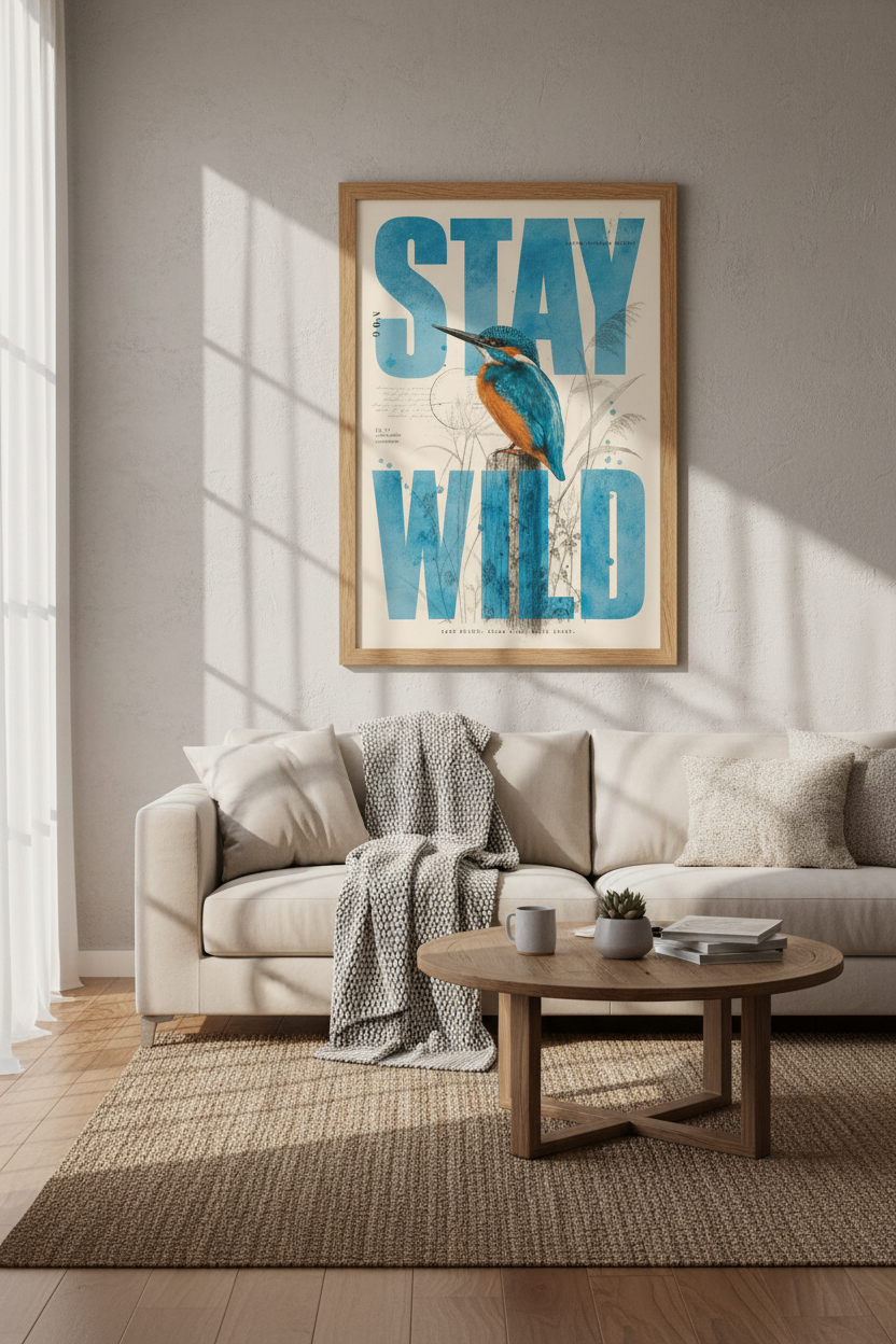 Kingfisher Stay Wild Wall Art | Vintage Bird Poster, Nature Inspired Home Decor
