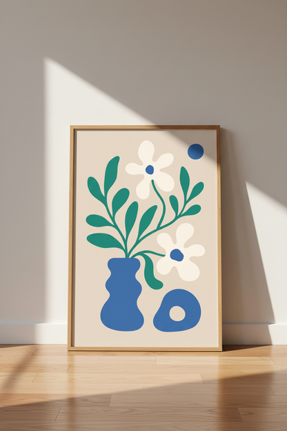 Abstract Floral Art | Modern Teal &amp; Blue Vase Decor | Minimalist Poster