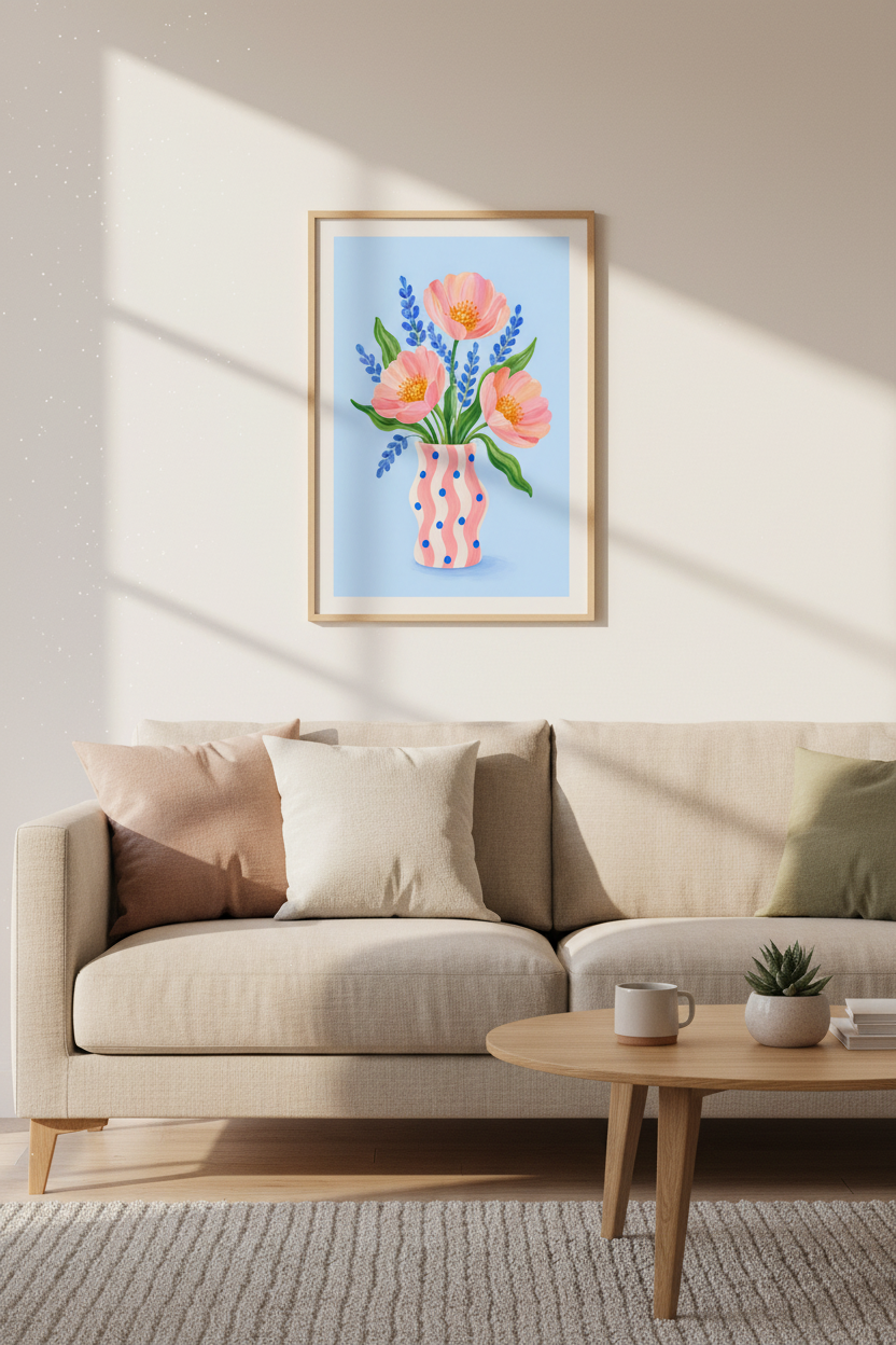 Pastel Floral Art Print | Pink Poppy Flower Poster, Whimsical Bedroom Decor