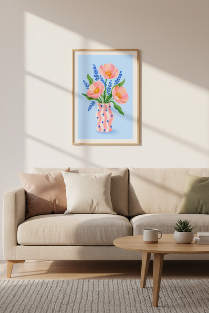 Pastel Floral Art Print | Pink Poppy Flower Poster, Whimsical Bedroom Decor