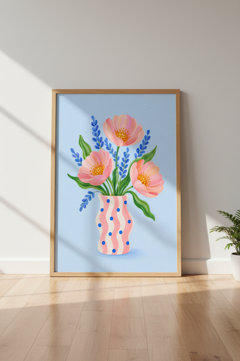 Pastel Floral Art Print | Pink Poppy Flower Poster, Whimsical Bedroom Decor