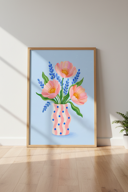 Pastel Floral Art Print | Pink Poppy Flower Poster, Whimsical Bedroom Decor