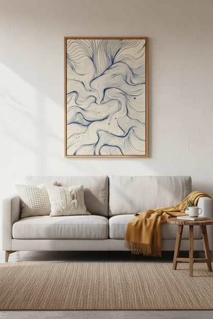 Abstract Flowing Blue Lines Wall Art Print | Navy Minimalist Decor | Zen Wave Poster