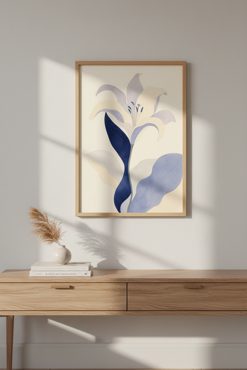 lilac lily wall art | Abstract floral, cream &amp; lavender tones | Living Room Decor Poster