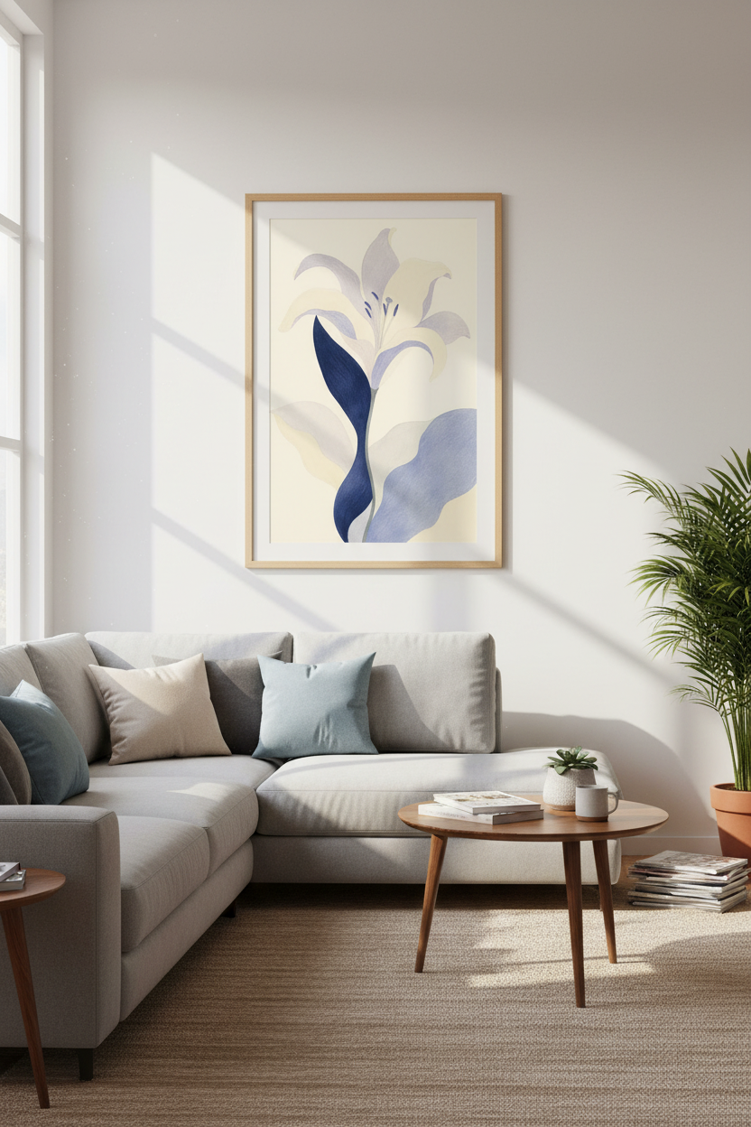 lilac lily wall art | Abstract floral, cream &amp; lavender tones | Living Room Decor Poster