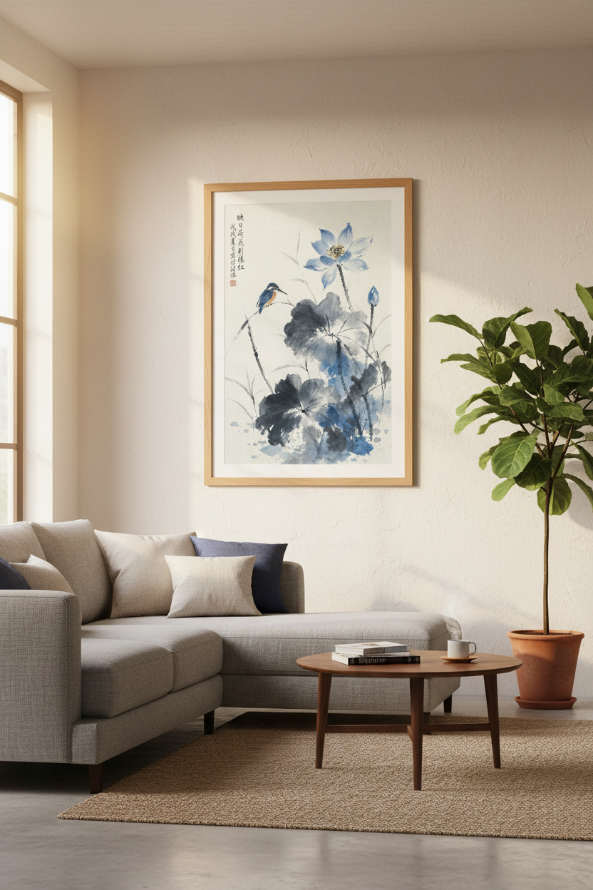 Blue Lotus &amp; Kingfisher Art | Chinese Ink Style Print, Zen Nature Decor