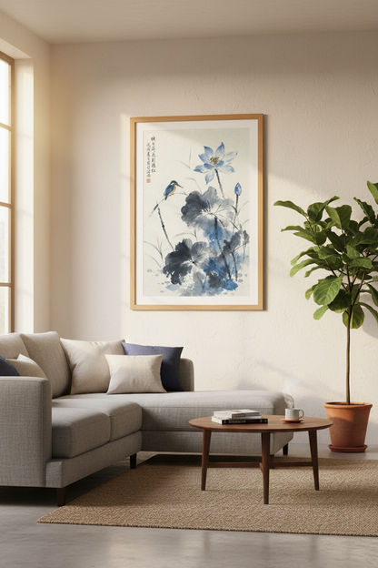 Blue Lotus &amp; Kingfisher Art | Chinese Ink Style Print, Zen Nature Decor