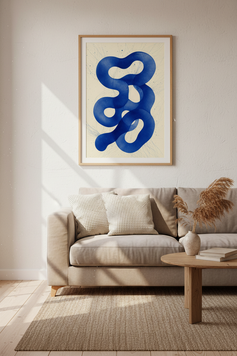 Abstract Blue Swirl Wall Art | Indigo Organic Shapes Poster, Modern Living Room Decor