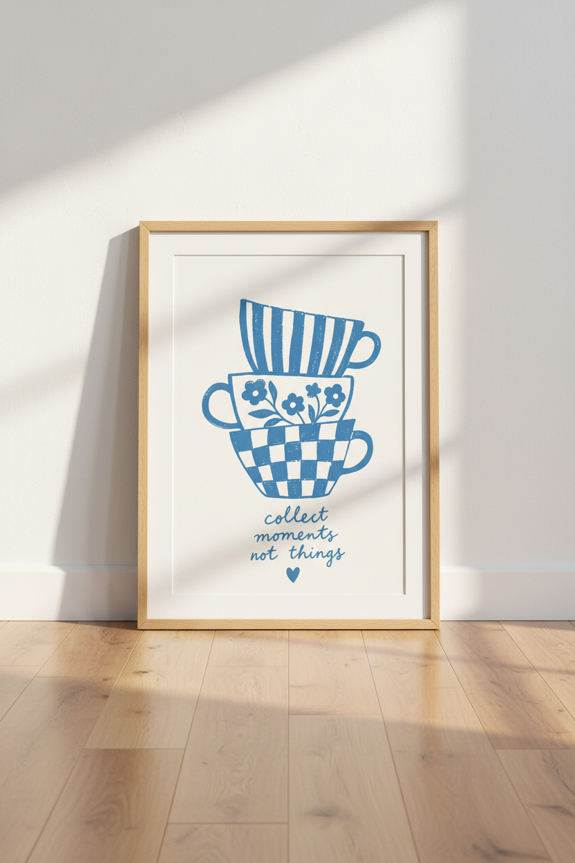 Blue Kitchen Wall Art Print | Teacup Decor | Danish Pastel Poster