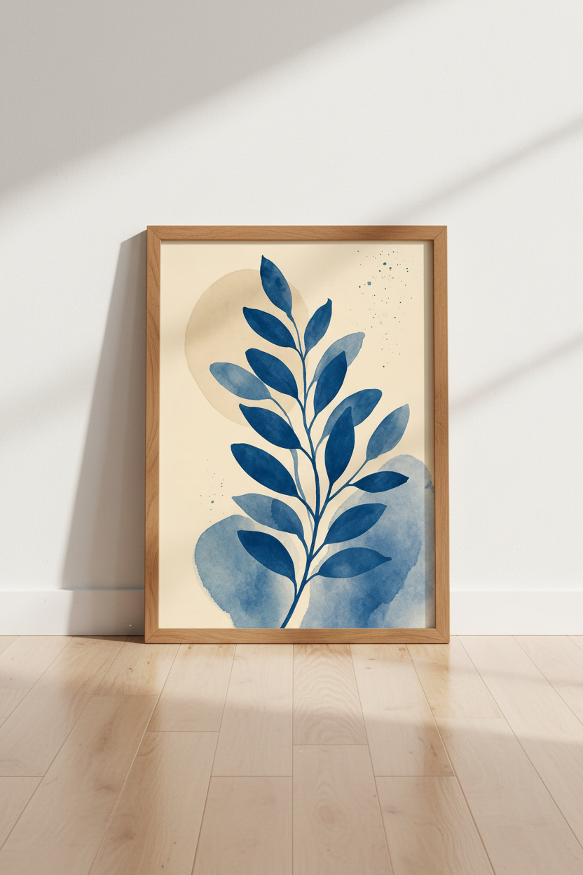 Indigo Blue Botanical Wall Art | Watercolor Leaf Poster, Japandi Living Room Decor