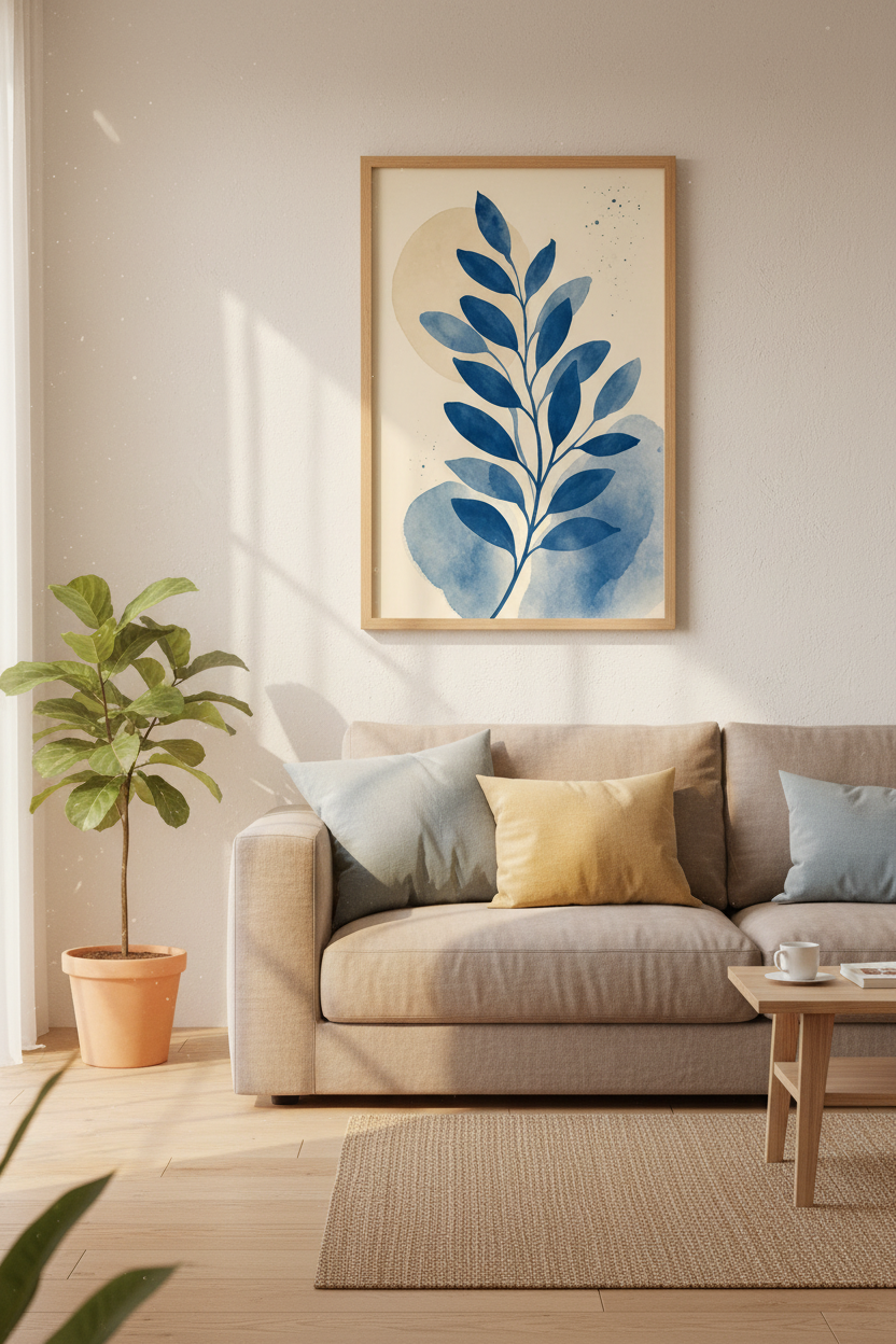 Indigo Blue Botanical Wall Art | Watercolor Leaf Poster, Japandi Living Room Decor