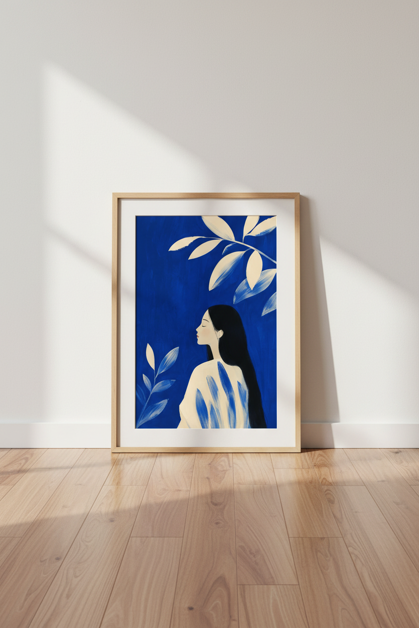 minimalist wall art | blue portrait, indigo canvas decor for living room