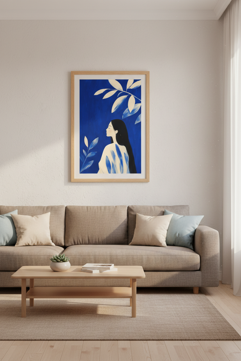 minimalist wall art | blue portrait, indigo canvas decor for living room