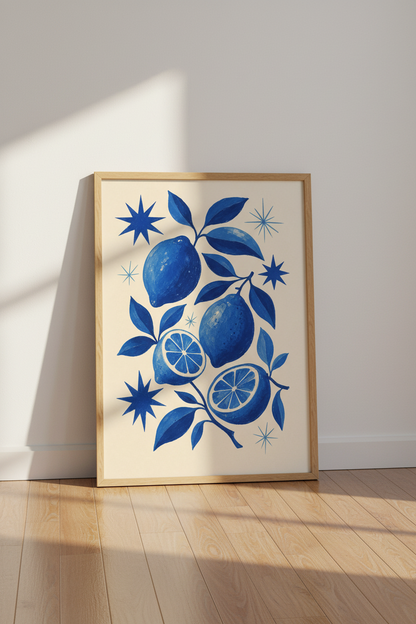 Blue Lemons &amp; Stars Botanical Wall Art | Kitchen Decor | Mediterranean Poster