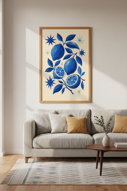 Blue Lemons &amp; Stars Botanical Wall Art | Kitchen Decor | Mediterranean Poster