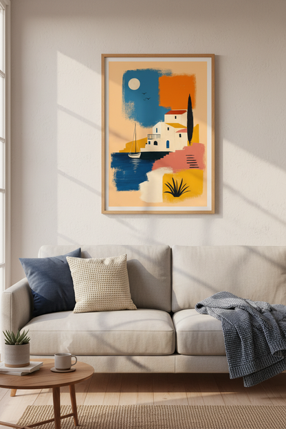 Abstract Mediterranean Village Wall Art | Coastal House Decor | Modern Boho Poster
