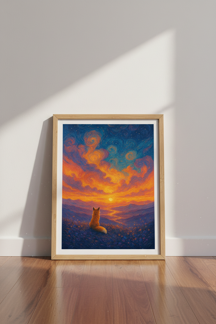 Fox Sunset Wall Art | Impressionist Oil Style, Blue &amp; Orange Landscape Poster