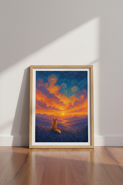 Fox Sunset Wall Art | Impressionist Oil Style, Blue &amp; Orange Landscape Poster