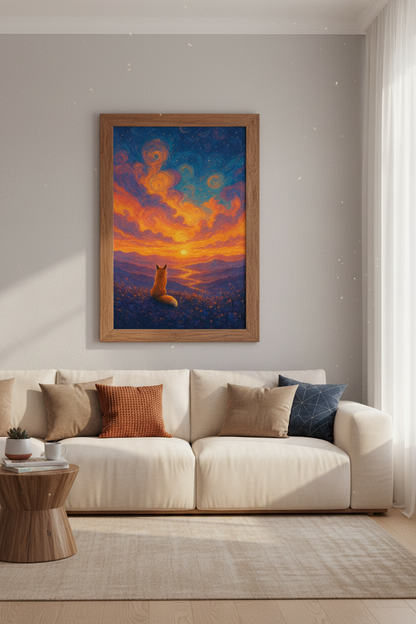Fox Sunset Wall Art | Impressionist Oil Style, Blue &amp; Orange Landscape Poster