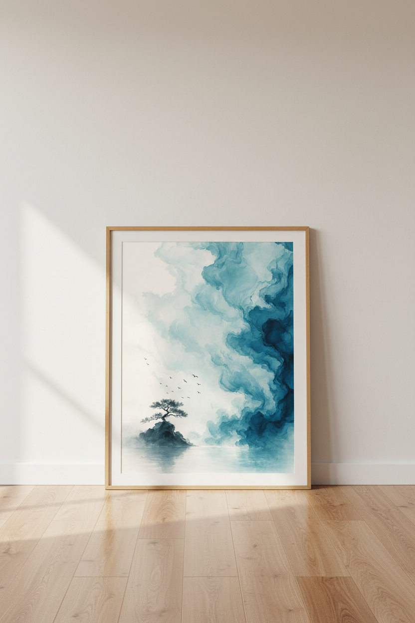Japanese Zen Landscape Wall Art | Teal Ink Bonsai Tree Print, Minimalist Nature Decor