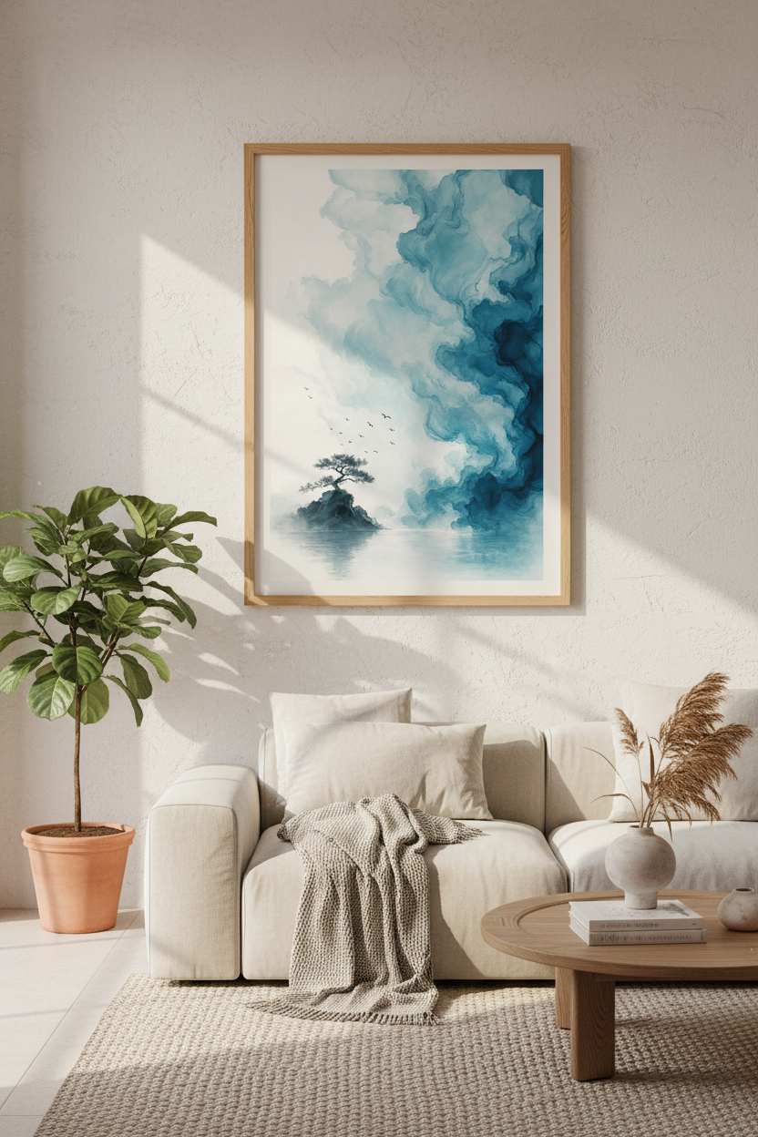 Japanese Zen Landscape Wall Art | Teal Ink Bonsai Tree Print, Minimalist Nature Decor
