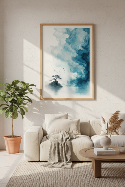 Japanese Zen Landscape Wall Art | Teal Ink Bonsai Tree Print, Minimalist Nature Decor