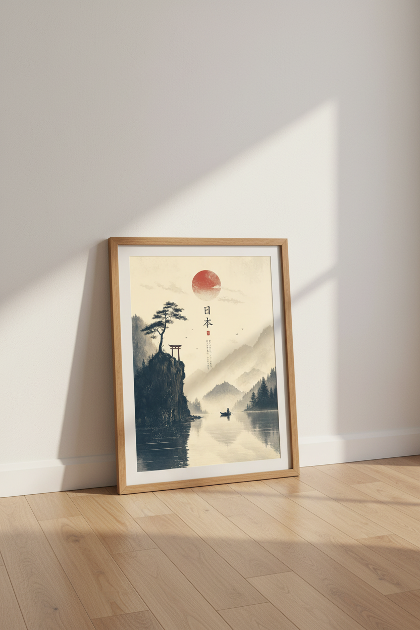 Japanese Landscape Red Sun Wall Art | Zen Mountain Decor | Minimalist Poster