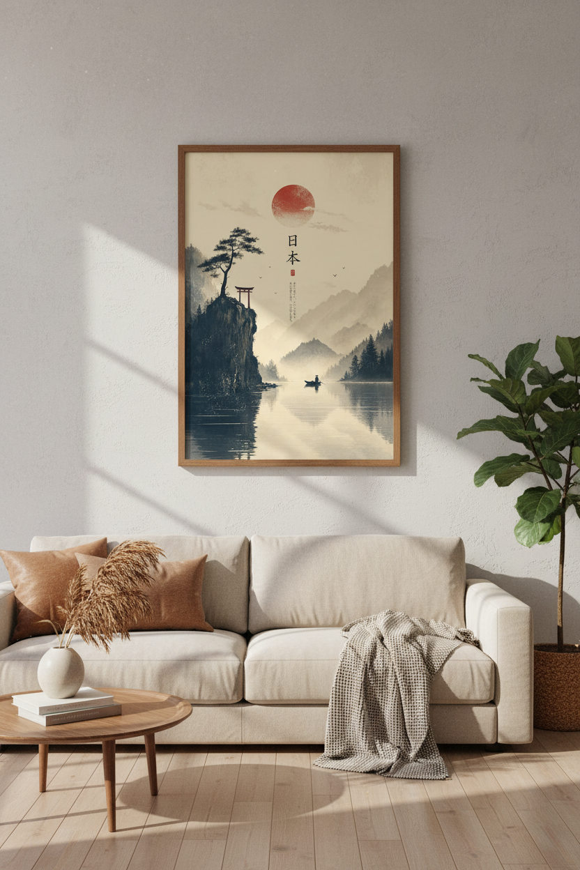 Japanese Landscape Red Sun Wall Art | Zen Mountain Decor | Minimalist Poster
