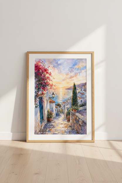 Mediterranean Sunset Watercolor Art | Greece Coastal Poster, Blue &amp; Gold Living Room Decor