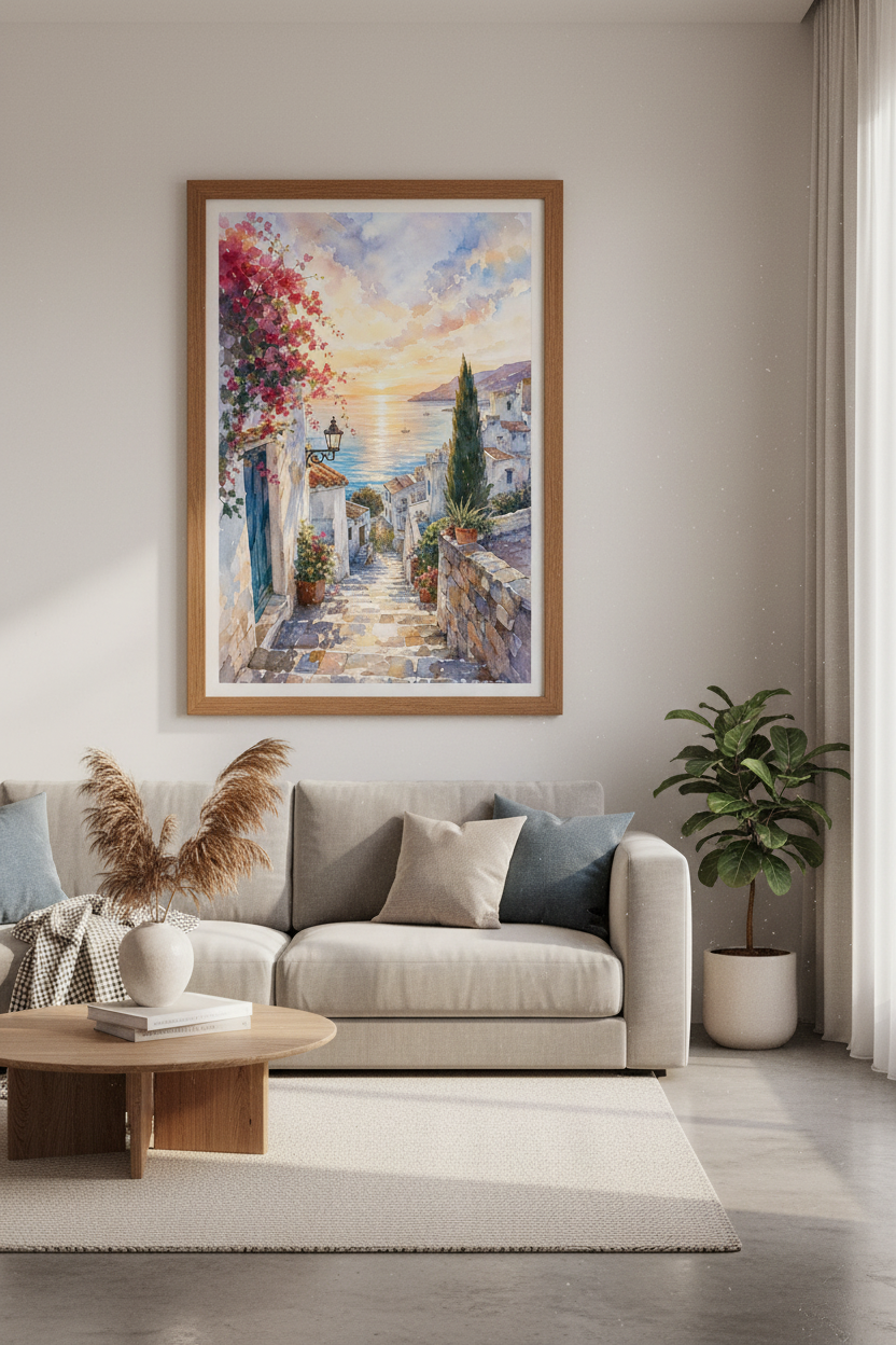 Mediterranean Sunset Watercolor Art | Greece Coastal Poster, Blue &amp; Gold Living Room Decor