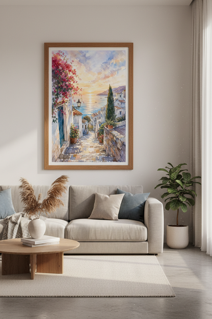 Mediterranean Sunset Watercolor Art | Greece Coastal Poster, Blue &amp; Gold Living Room Decor