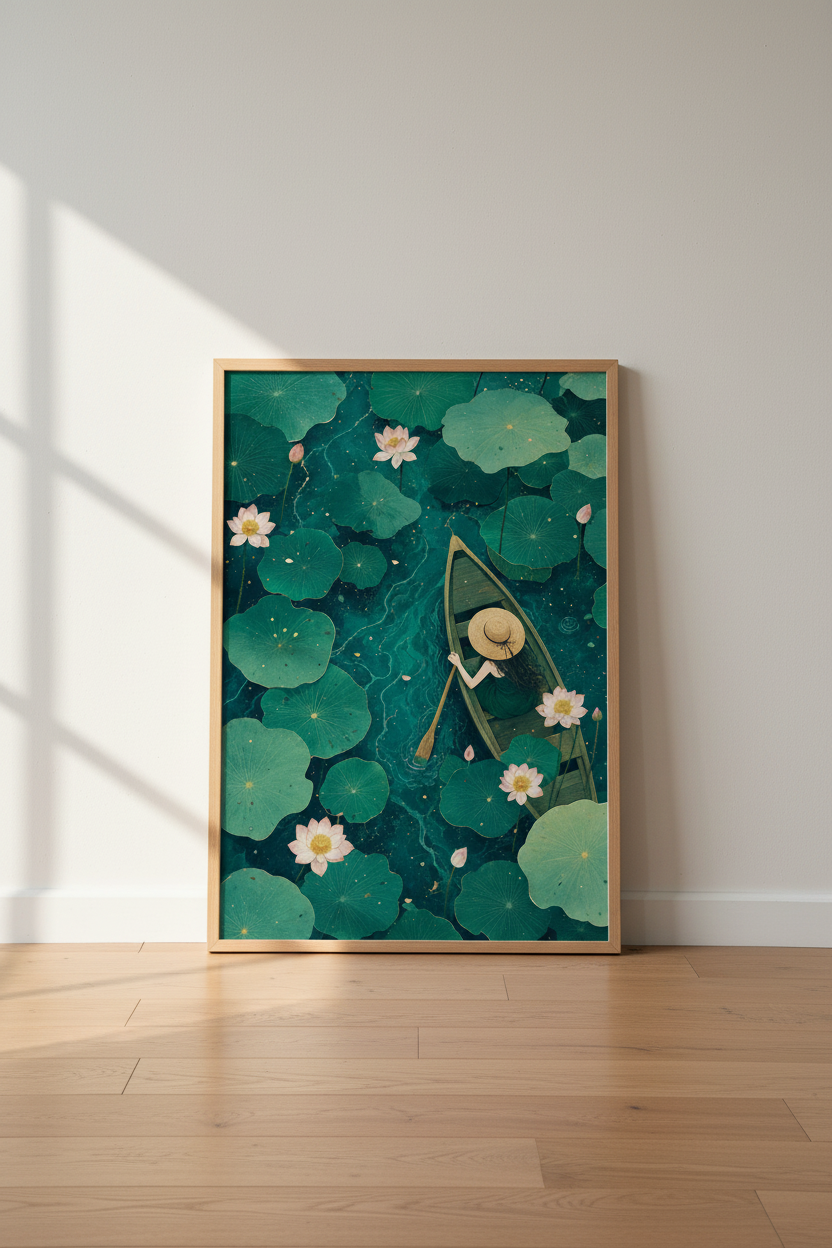 Woman in Lotus Pond Art | Teal &amp; Green Nature Decor, Cottagecore Poster