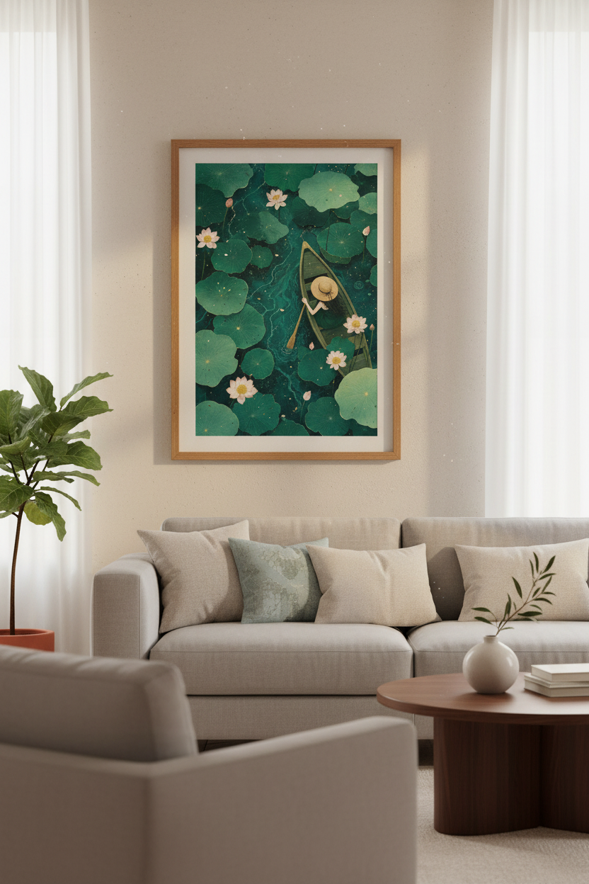 Woman in Lotus Pond Art | Teal &amp; Green Nature Decor, Cottagecore Poster