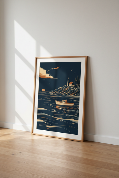 Lighthouse &amp; Boat Wall Art Print | Coastal Living Room Decor | Nautical Minimalist Poster