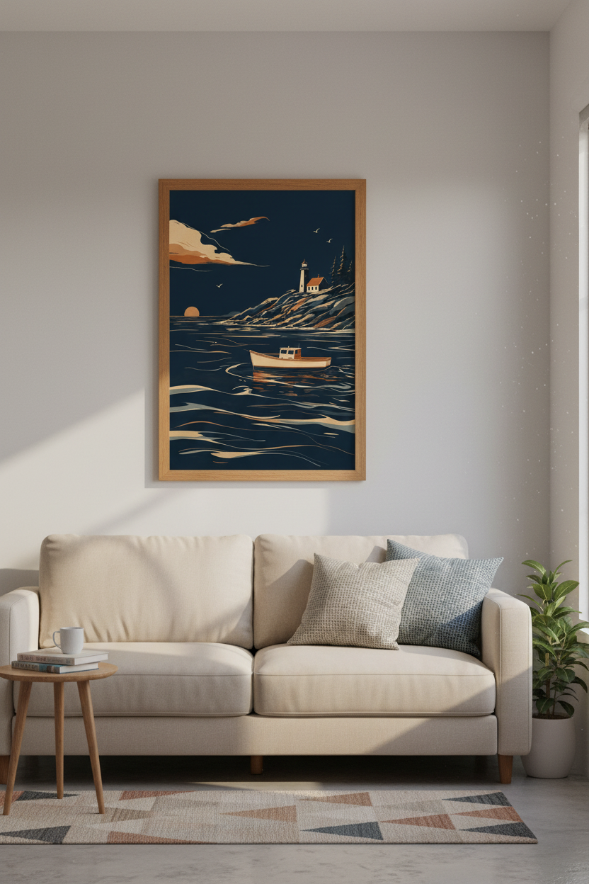 Lighthouse &amp; Boat Wall Art Print | Coastal Living Room Decor | Nautical Minimalist Poster