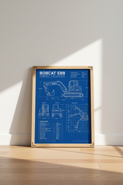 Excavator Blueprint Wall Art | Blue Industrial Technical Poster | Construction Office