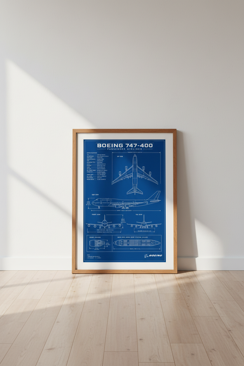 Boeing 747 Blueprint Wall Art | Aviation Technical Poster, Office Decor