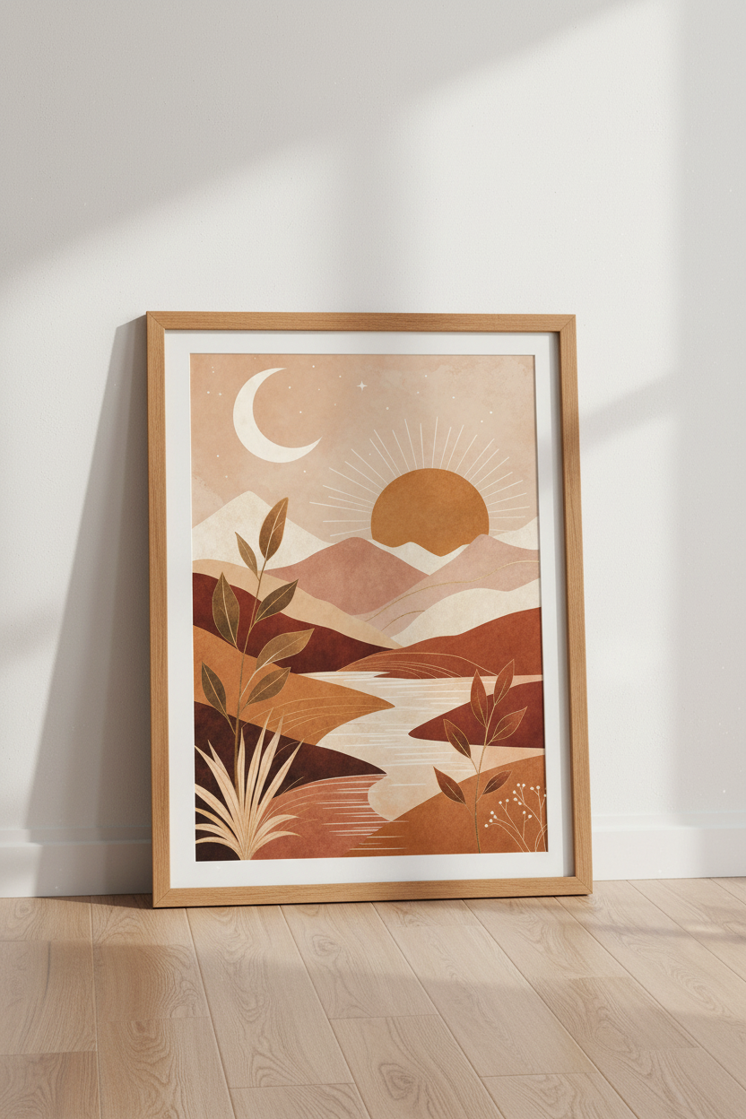 Abstract Desert Mountain Print | Terracotta Boho Landscape, Sun and Moon Art