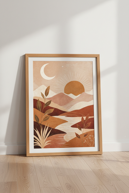 Abstract Desert Mountain Print | Terracotta Boho Landscape, Sun and Moon Art