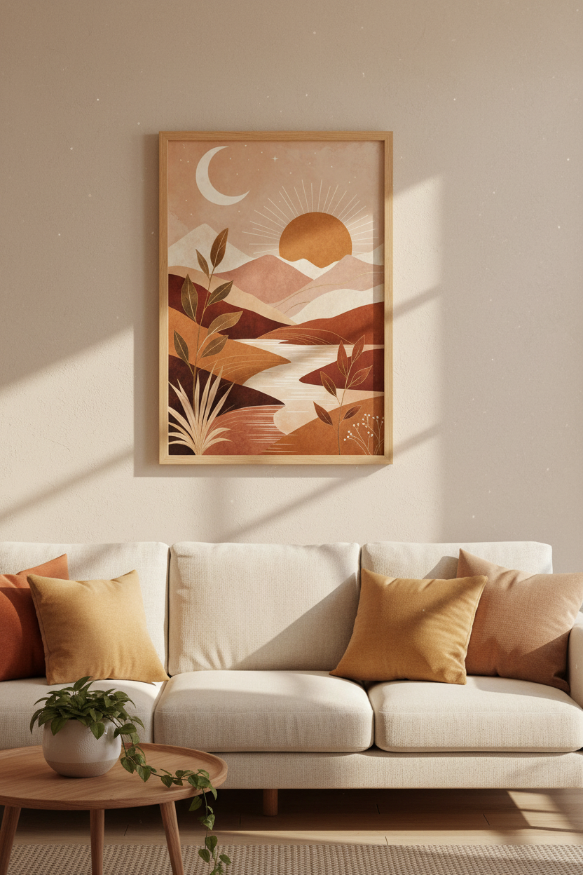 Abstract Desert Mountain Print | Terracotta Boho Landscape, Sun and Moon Art