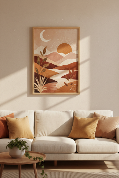 Abstract Desert Mountain Print | Terracotta Boho Landscape, Sun and Moon Art