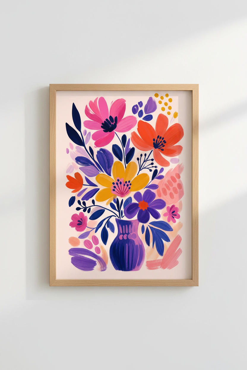 Colorful Floral Art Print | Modern Botanical Vase Poster | Vibrant Boho Home Decor