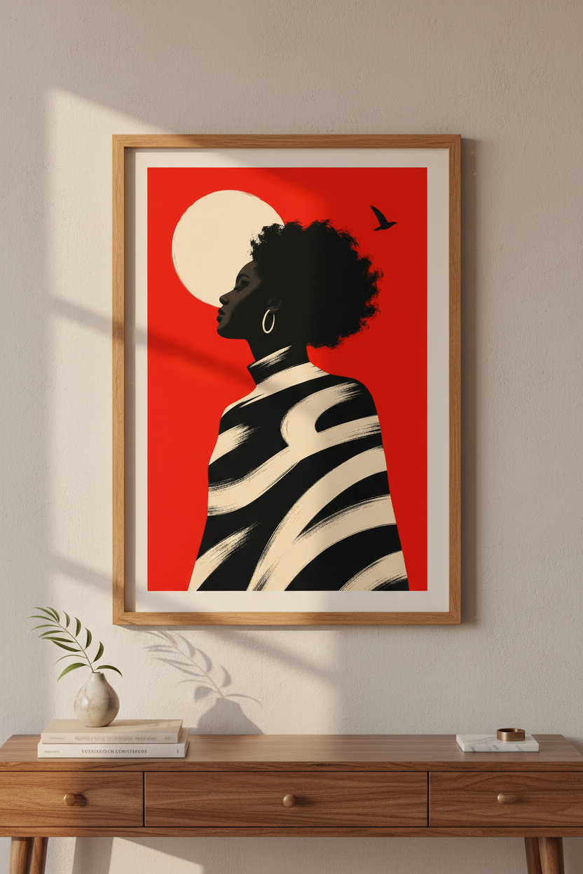 afro silhouette wall art | Bold red palette, modern vibe, living room decor