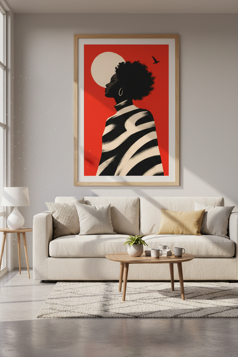 afro silhouette wall art | Bold red palette, modern vibe, living room decor