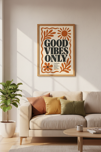 Good Vibes Only Retro Wall Art | Terracotta Boho Poster, Living Room Decor