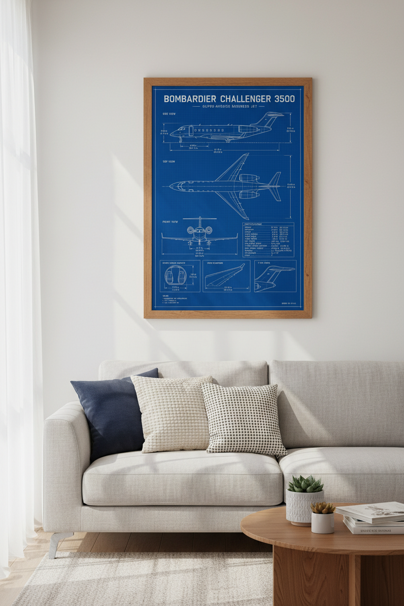 Bombardier Challenger 3500 Blueprint Wall Art | Pilot Gift | Aviation Office Decor