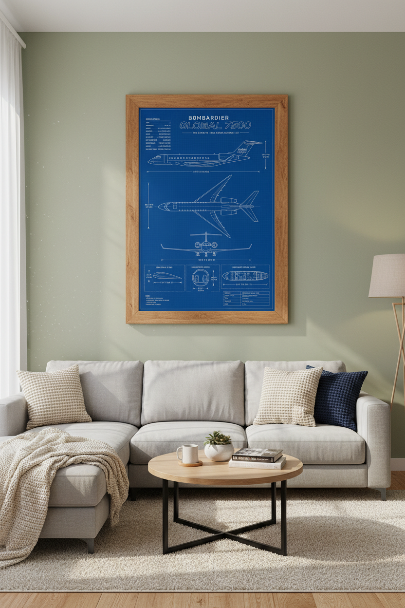 Bombardier Global 7500 Blueprint Print | Navy Aviation Decor | Aircraft Poster