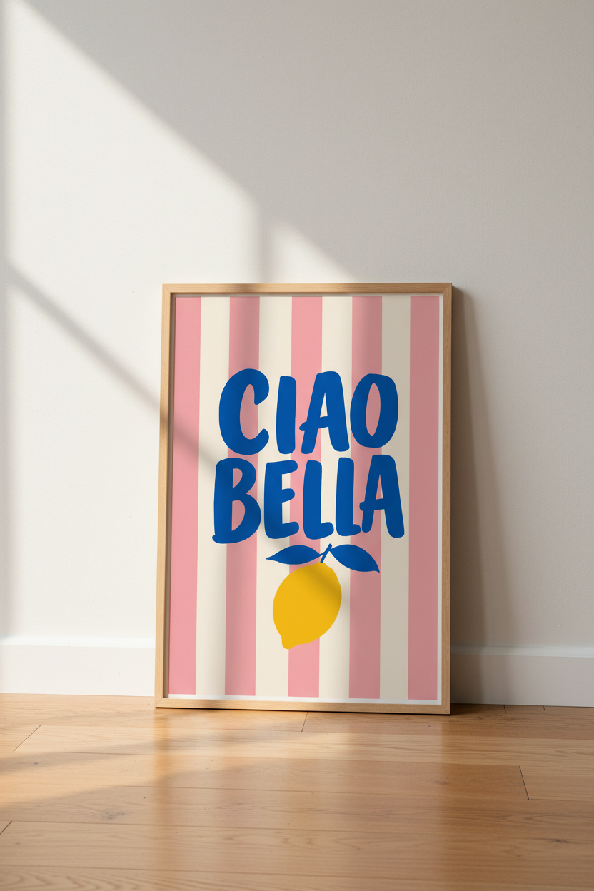 Ciao Bella Italian Wall Art Print | Pink Striped Mediterranean Lemon Decor Poster