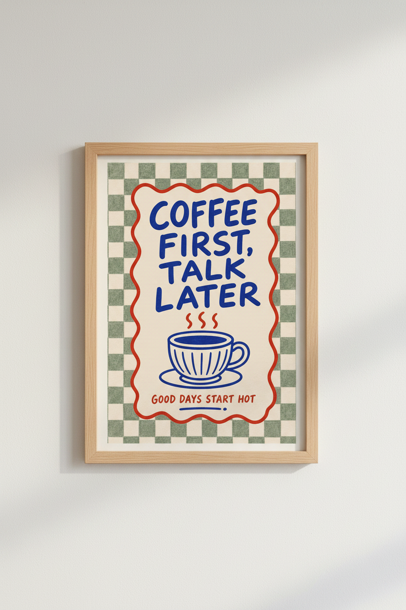 Coffee First Talk Later Art Print | Kitchen Wall Decor | Retro Checkerboard Poster